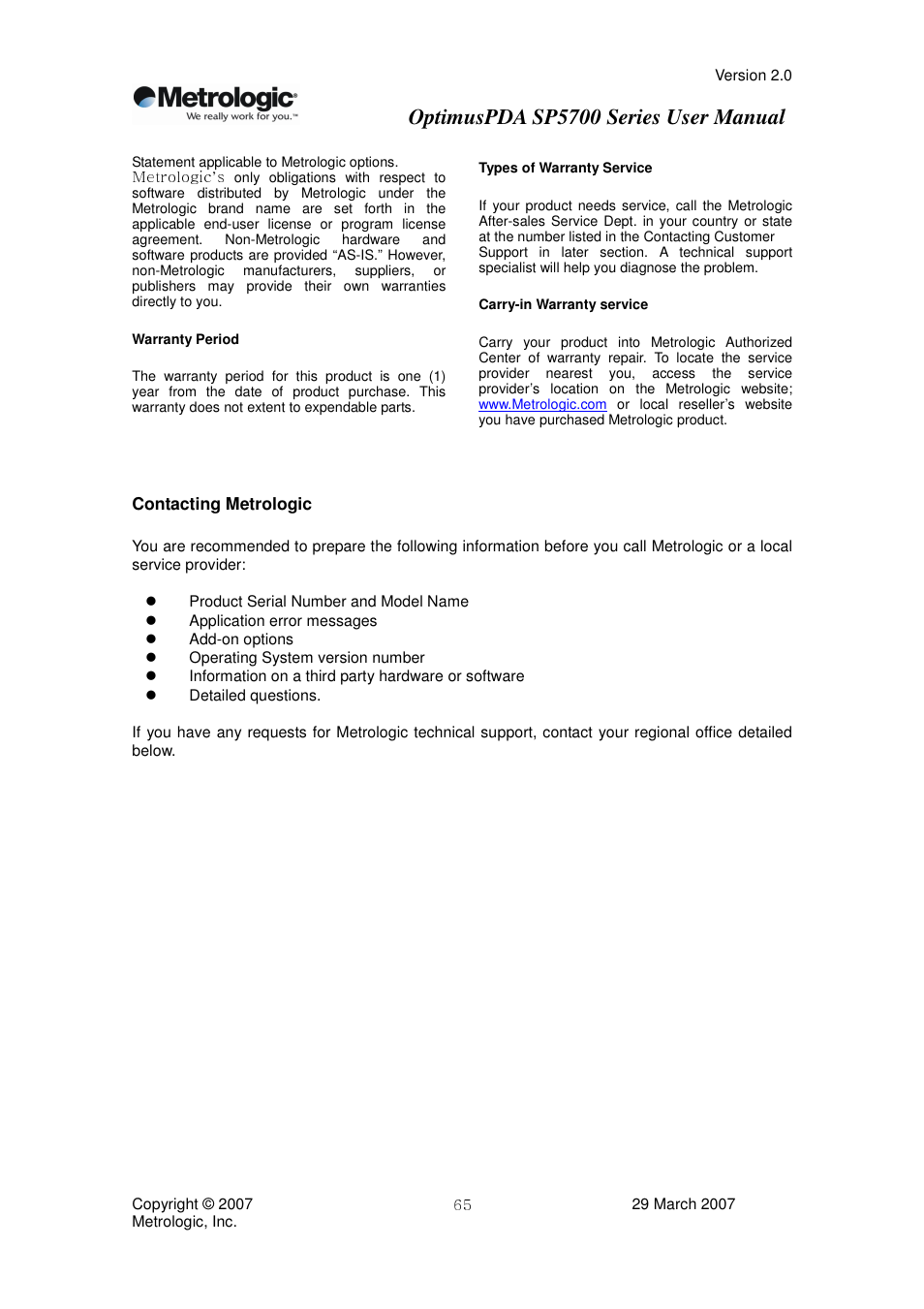 Optimuspda sp5700 series user manual | Metrologic Instruments SP5700 Series User Manual | Page 65 / 67
