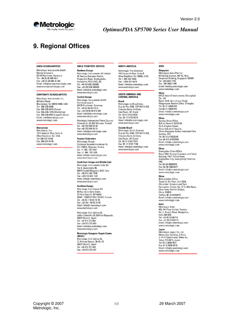 Regional offices, Optimuspda sp5700 series user manual | Metrologic Instruments SP5700 Series User Manual | Page 66 / 67