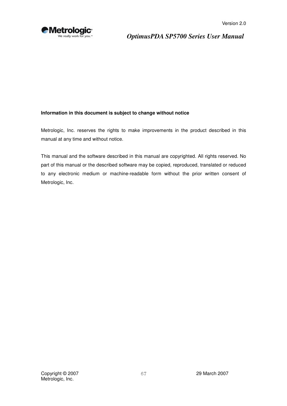 Optimuspda sp5700 series user manual | Metrologic Instruments SP5700 Series User Manual | Page 67 / 67