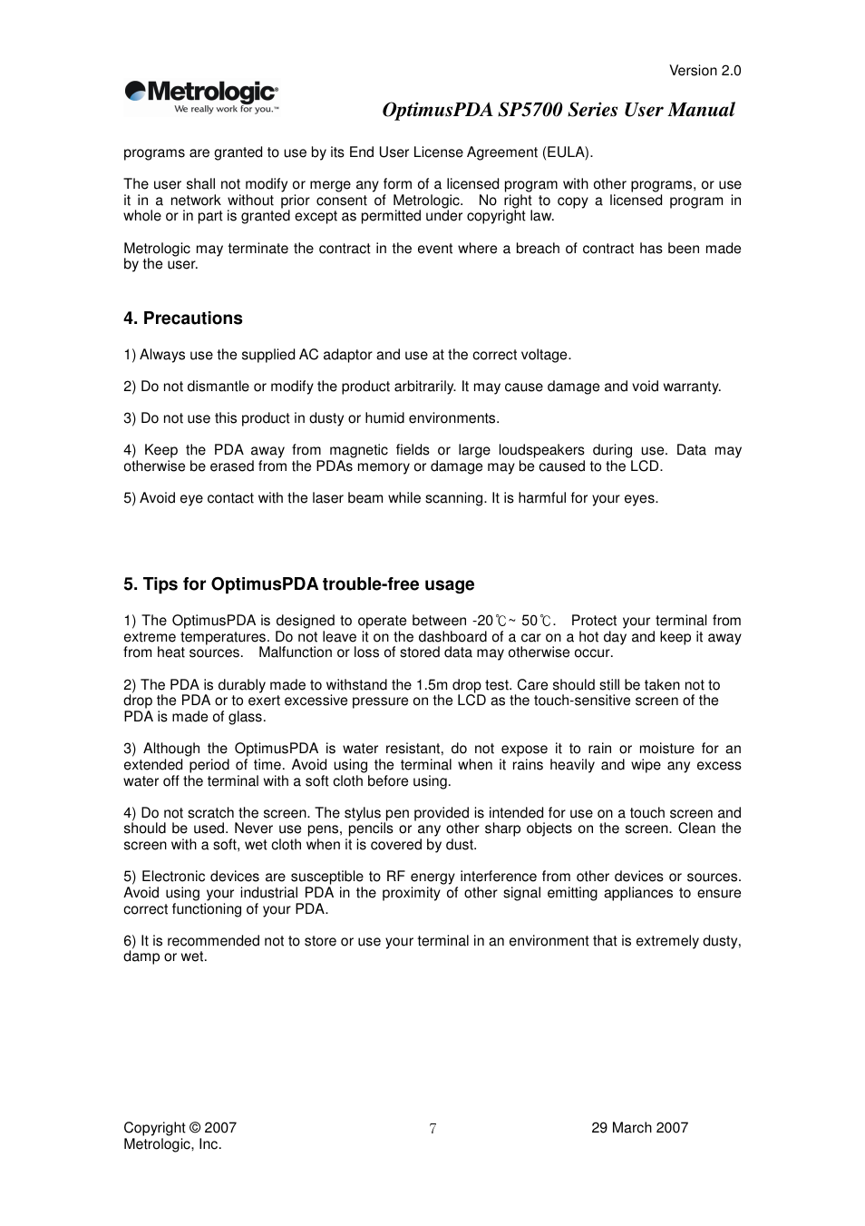 Optimuspda sp5700 series user manual | Metrologic Instruments SP5700 Series User Manual | Page 7 / 67