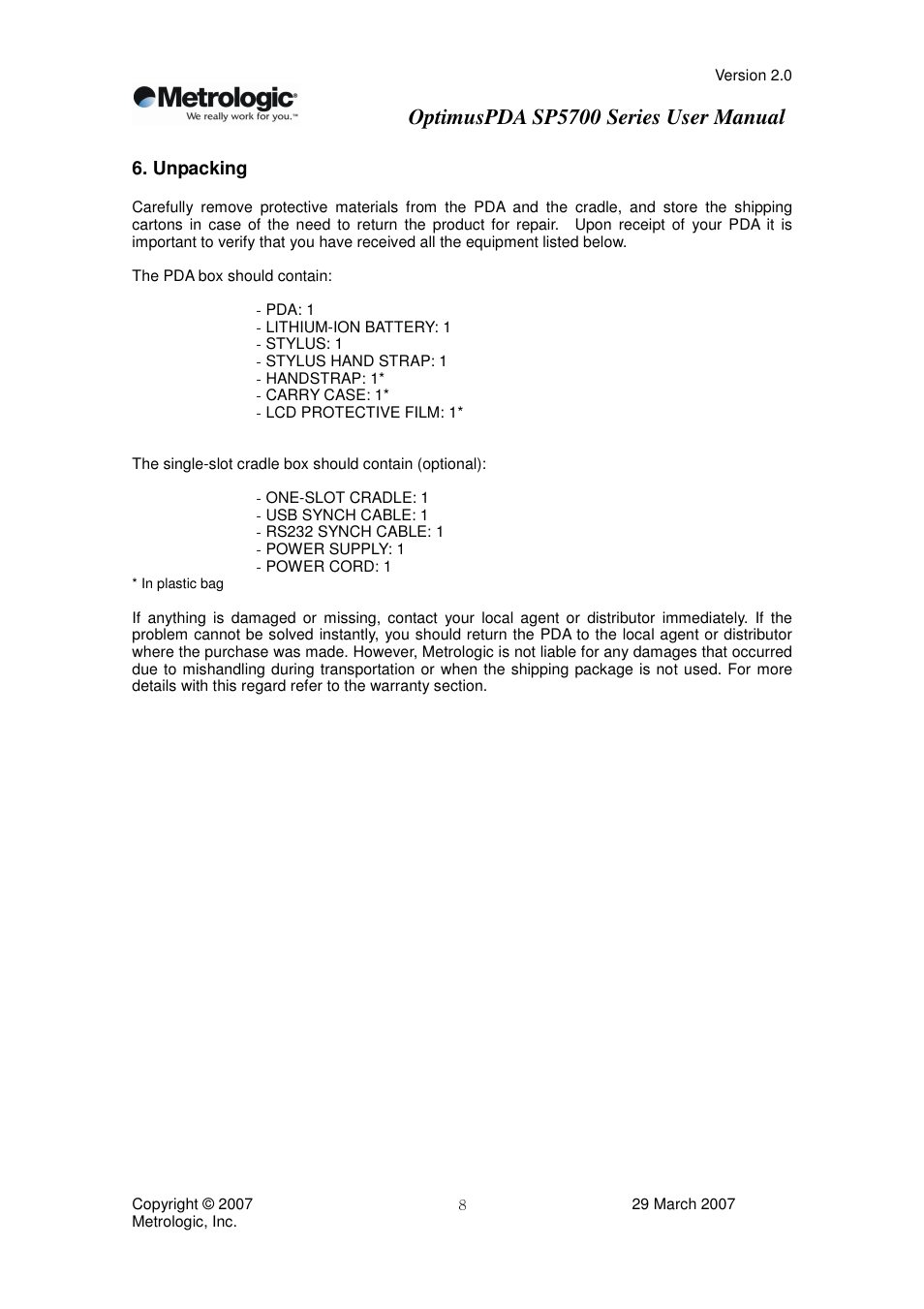 Optimuspda sp5700 series user manual | Metrologic Instruments SP5700 Series User Manual | Page 8 / 67