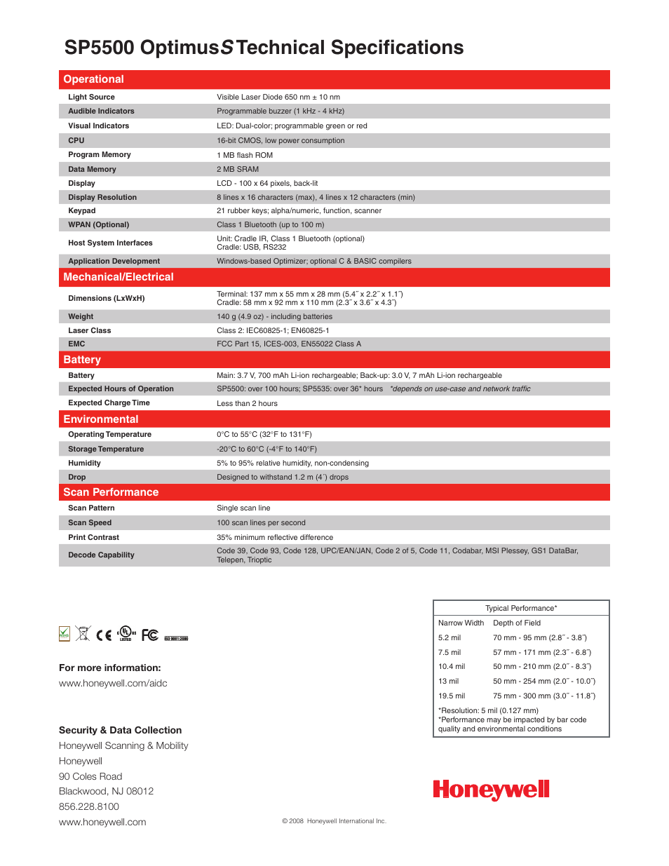 Sp5500 optimus s technical specifications, Operational, Mechanical/electrical | Battery, Environmental, Scan performance | Metrologic Instruments SP5500 User Manual | Page 2 / 2
