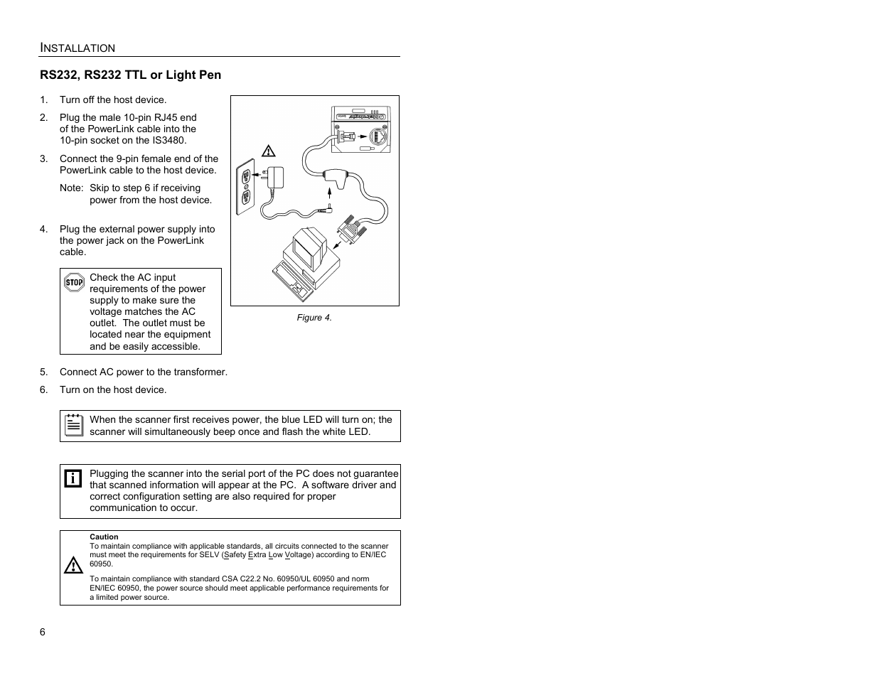 Installation, Rs232, rs232 ttl or light pen | Metrologic Instruments IS3480-00 User Manual | Page 10 / 56