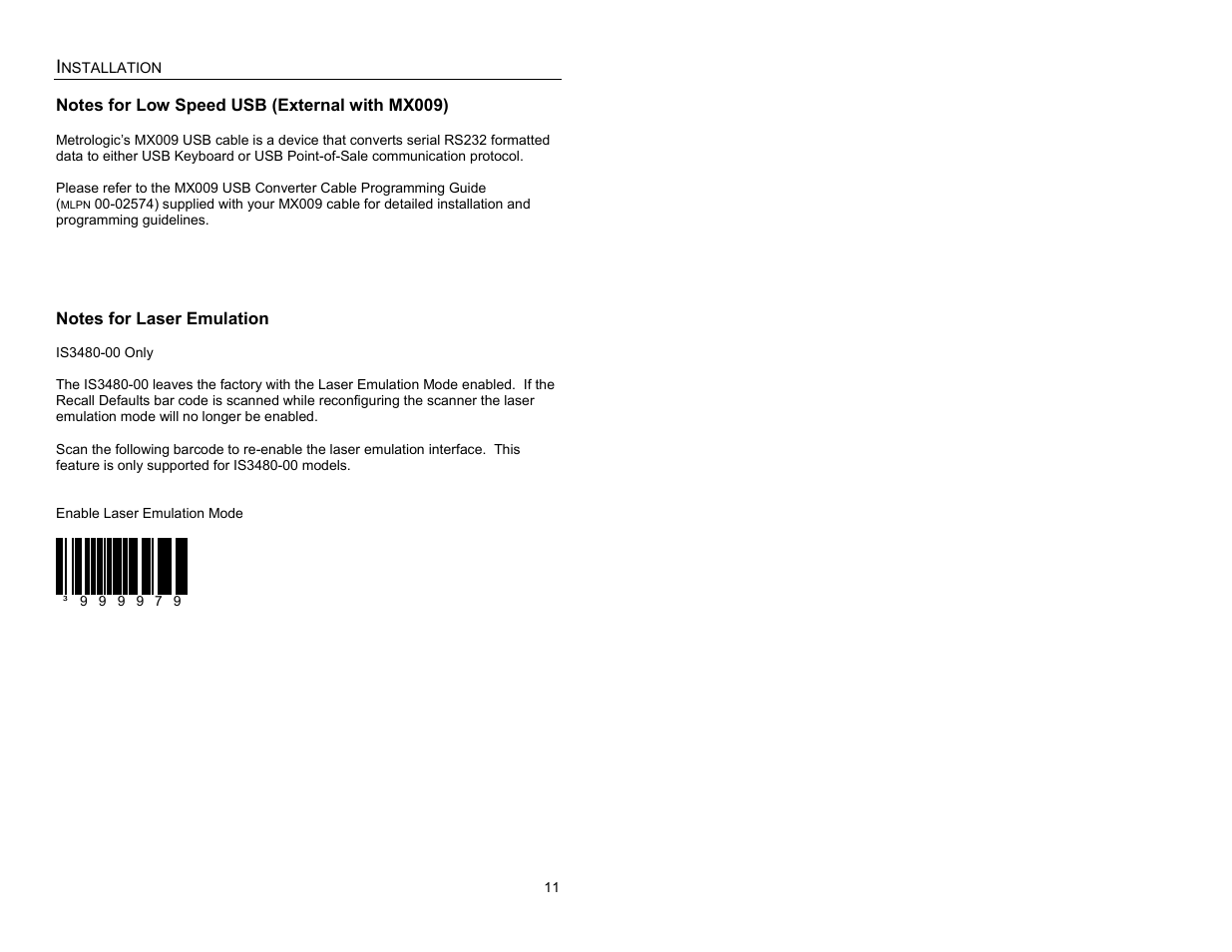 Low speed usb (external with mx009), Notes for laser emulation | Metrologic Instruments IS3480-00 User Manual | Page 15 / 56