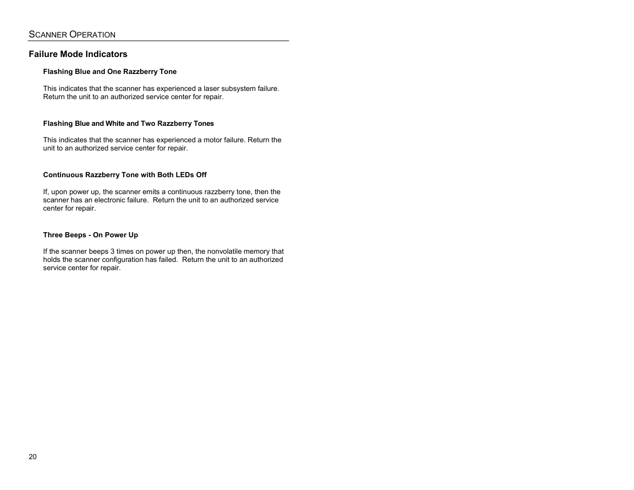 Failure mode indicators, Failure | Metrologic Instruments IS3480-00 User Manual | Page 24 / 56