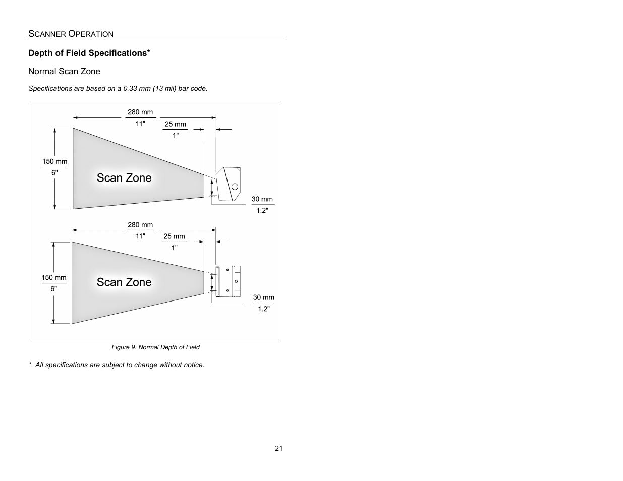 Depth of field specifications, Normal scan zone | Metrologic Instruments IS3480-00 User Manual | Page 25 / 56