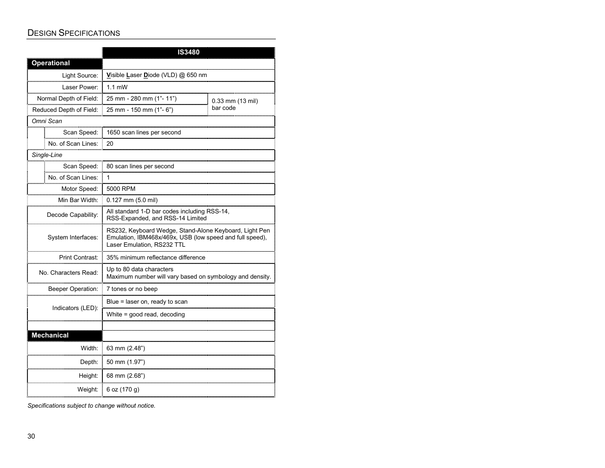 Design specifications, Operational, Mechanical | Metrologic Instruments IS3480-00 User Manual | Page 34 / 56