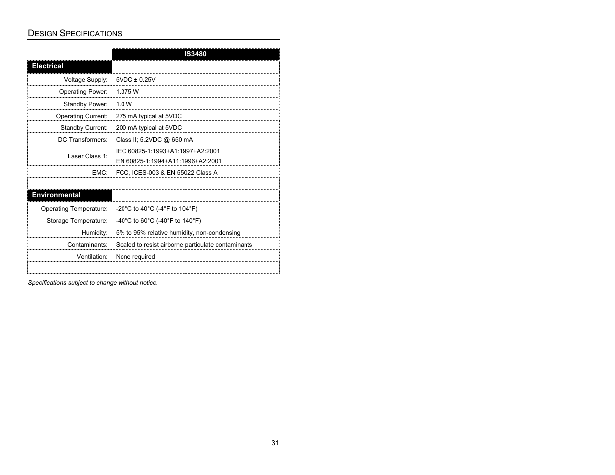 Electrical, Environmental | Metrologic Instruments IS3480-00 User Manual | Page 35 / 56