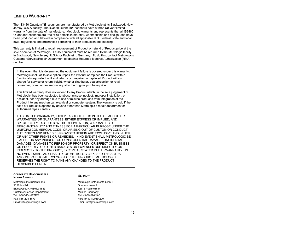 Limited warranty | Metrologic Instruments IS3480-00 User Manual | Page 49 / 56