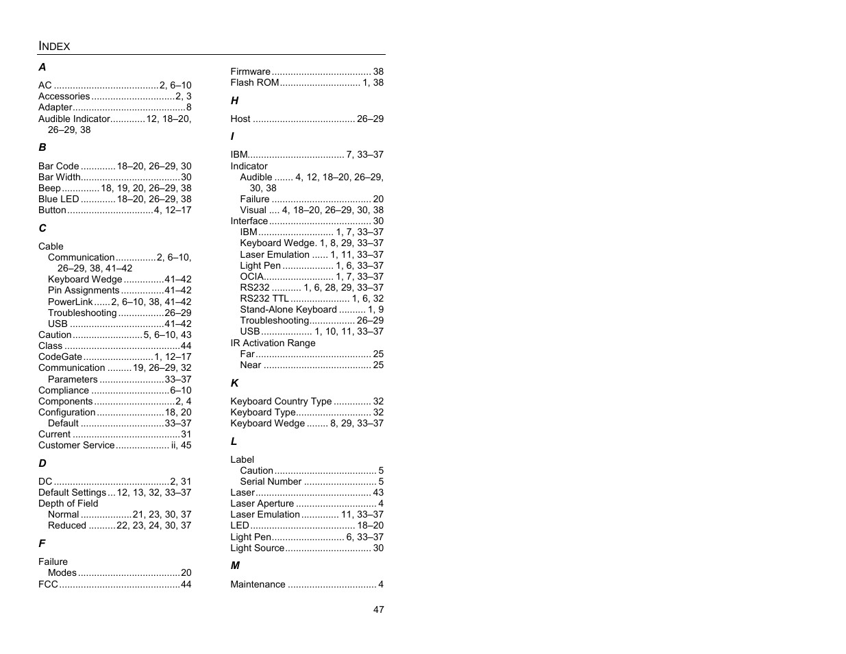 Index | Metrologic Instruments IS3480-00 User Manual | Page 51 / 56