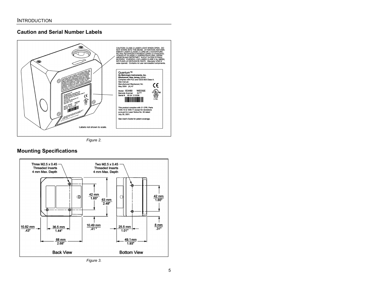 Caution and serial number labels, Mounting specifications | Metrologic Instruments IS3480-00 User Manual | Page 9 / 56