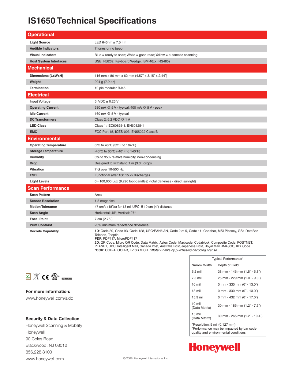 Is1650 technical specifications, Operational, Mechanical | Electrical, Environmental, Scan performance | Metrologic Instruments IS1650 User Manual | Page 2 / 2