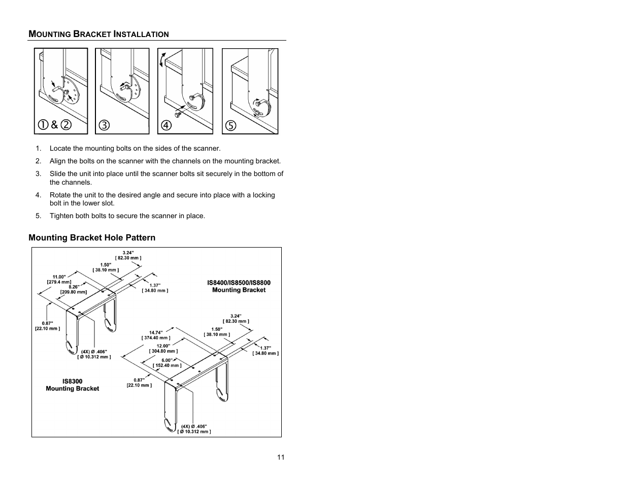 Mounting bracket installation, Mounting bracket hole pattern | Metrologic Instruments IS8000 Series User Manual | Page 15 / 40