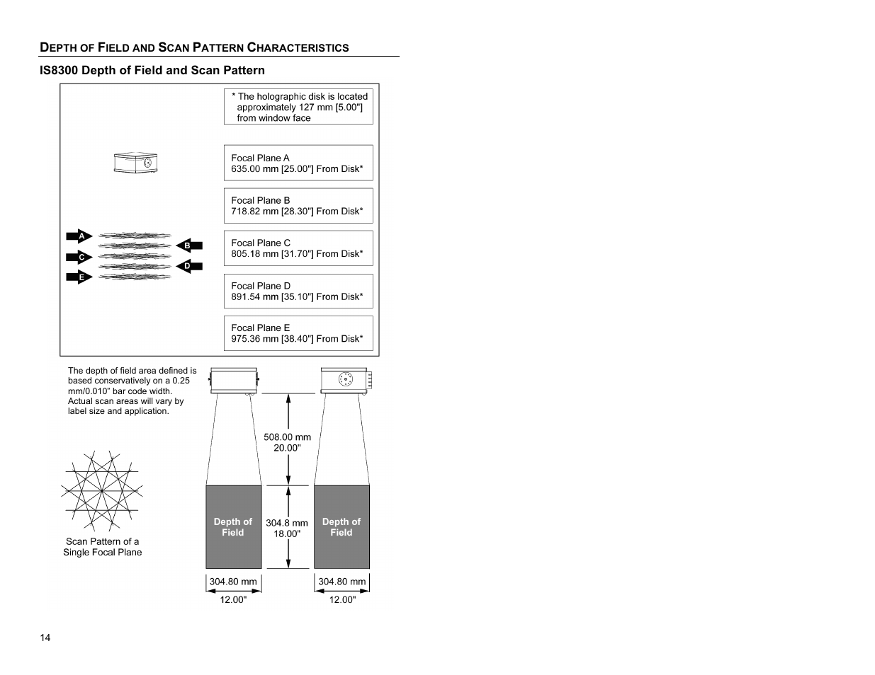Depth of field and scan pattern characteristics, Is8300, Is8300 depth of field and scan pattern | Metrologic Instruments IS8000 Series User Manual | Page 18 / 40