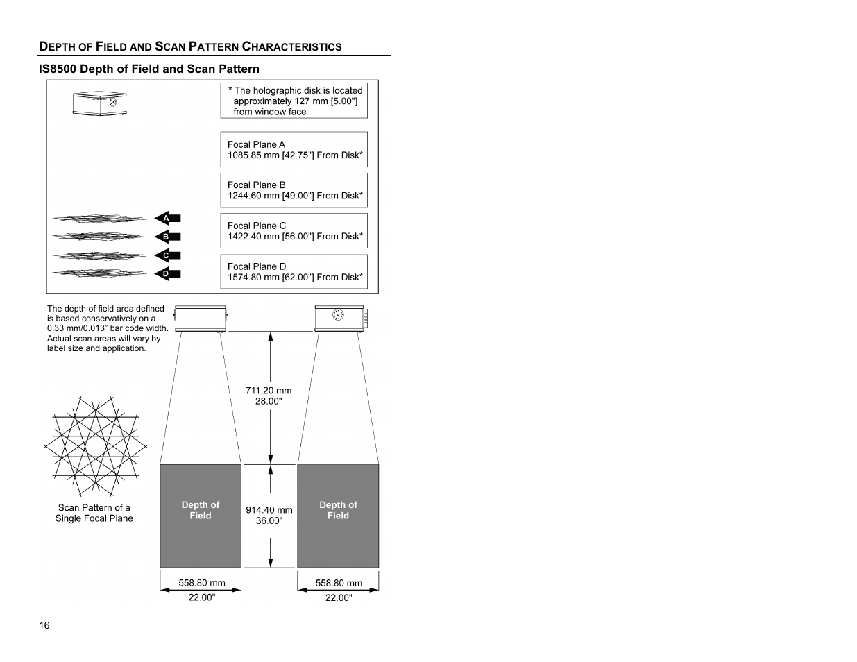Is8500, Is8500 depth of field and scan pattern | Metrologic Instruments IS8000 Series User Manual | Page 20 / 40