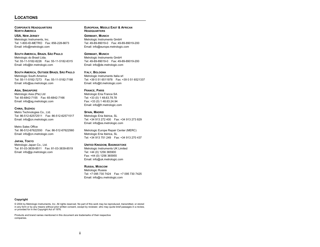 Locations | Metrologic Instruments IS8000 Series User Manual | Page 3 / 40