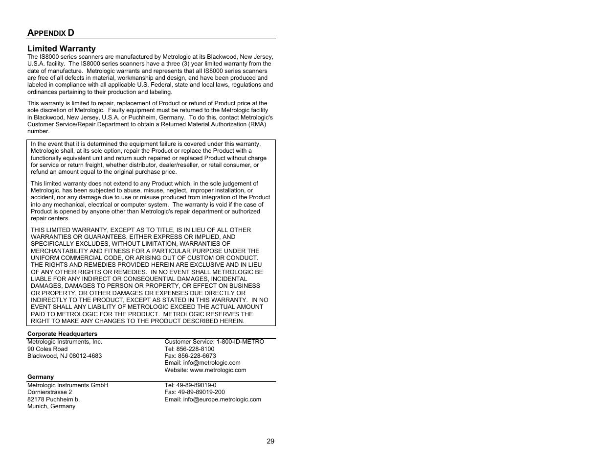 Appendix d, Limited warranty | Metrologic Instruments IS8000 Series User Manual | Page 33 / 40