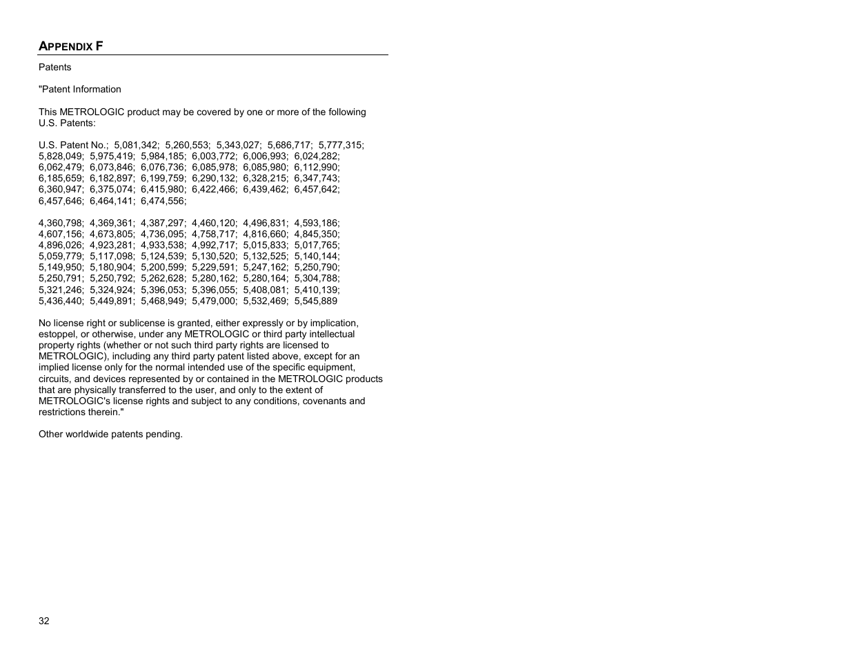 Appendix f, Patents | Metrologic Instruments IS8000 Series User Manual | Page 36 / 40