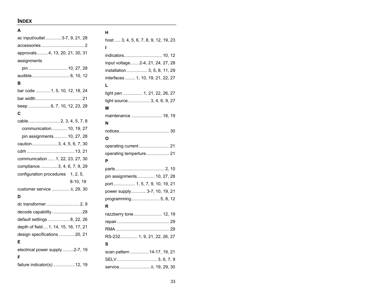 Index | Metrologic Instruments IS8000 Series User Manual | Page 37 / 40