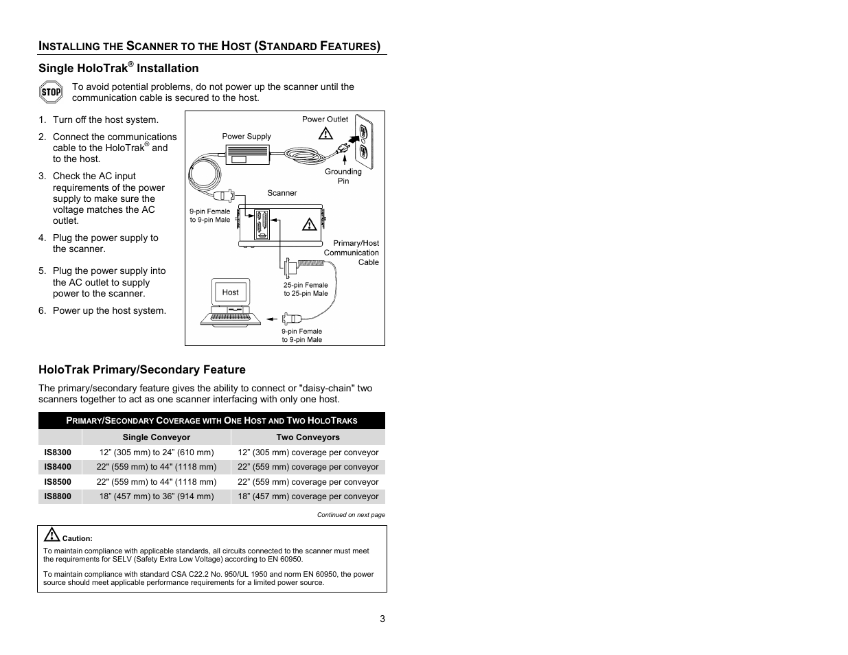 Installing the scanner to the host, Single holotrack installation, Holotrak primary/secondary feature | Metrologic Instruments IS8000 Series User Manual | Page 7 / 40