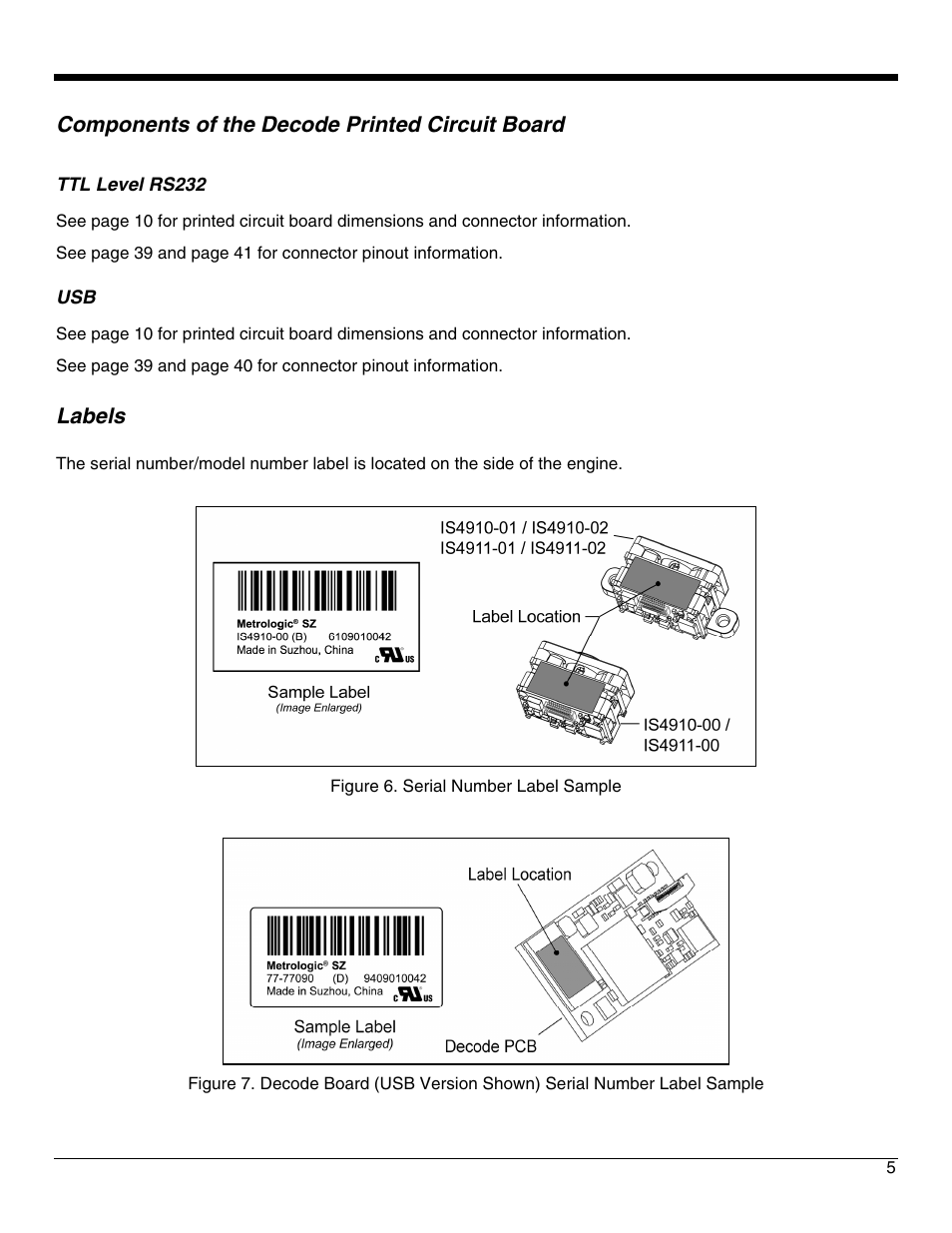 Components of the decode printed circuit board, Ttl level rs232, Labels | Metrologic Instruments IS4921 User Manual | Page 11 / 61