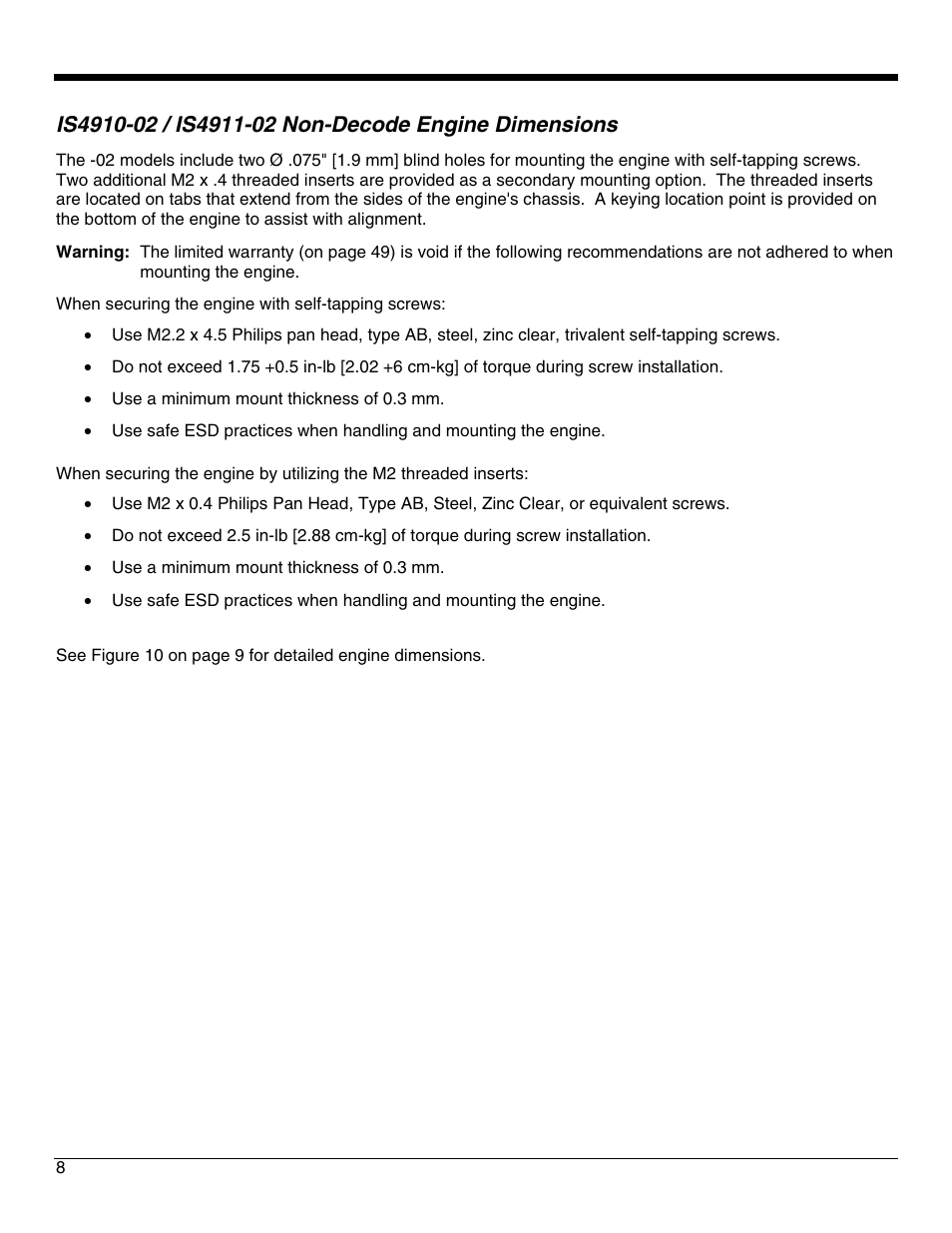 Is4910-02 / is4911-02 non-decode engine dimensions | Metrologic Instruments IS4921 User Manual | Page 14 / 61