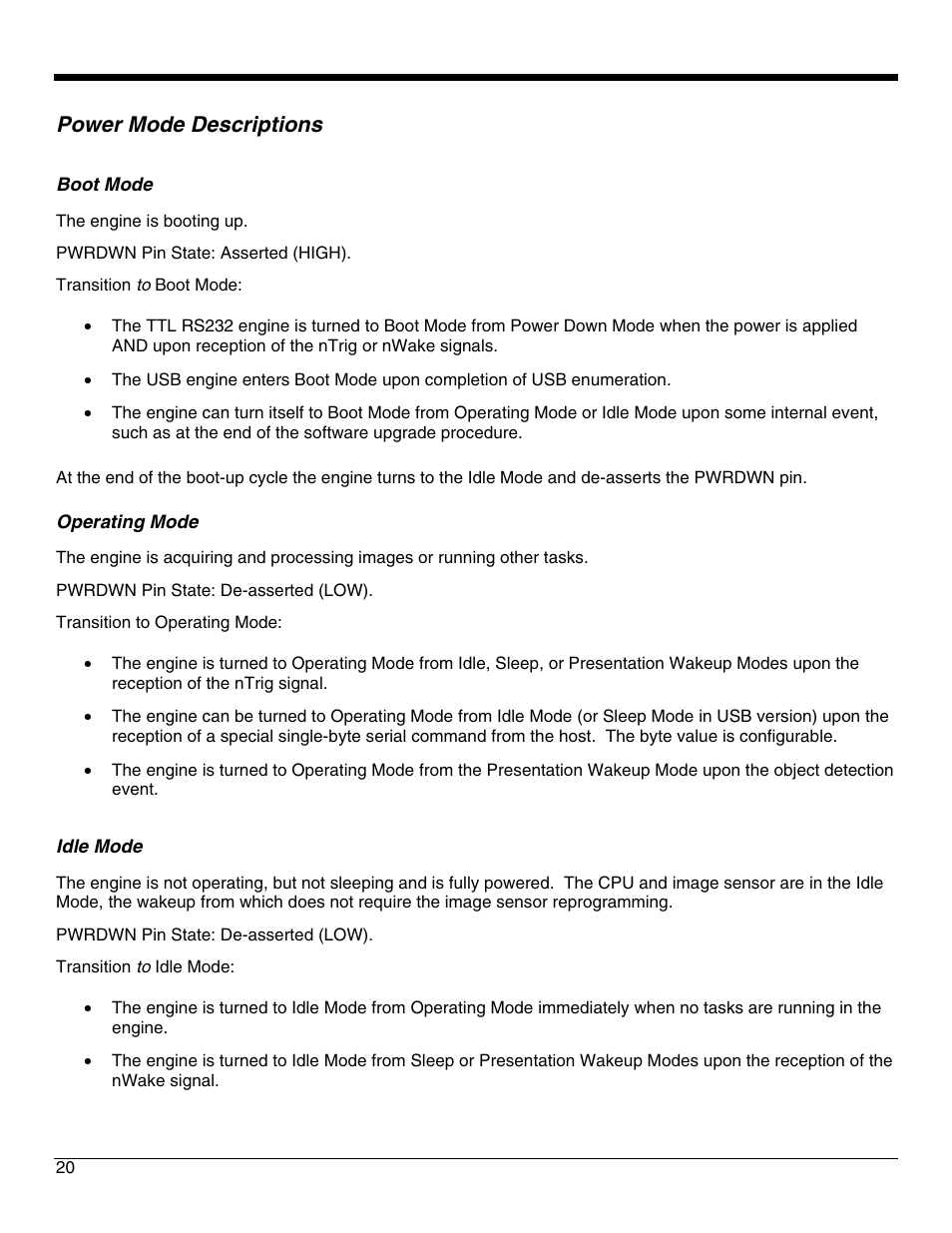 Power mode descriptions, Boot mode, Operating mode | Idle mode | Metrologic Instruments IS4921 User Manual | Page 26 / 61