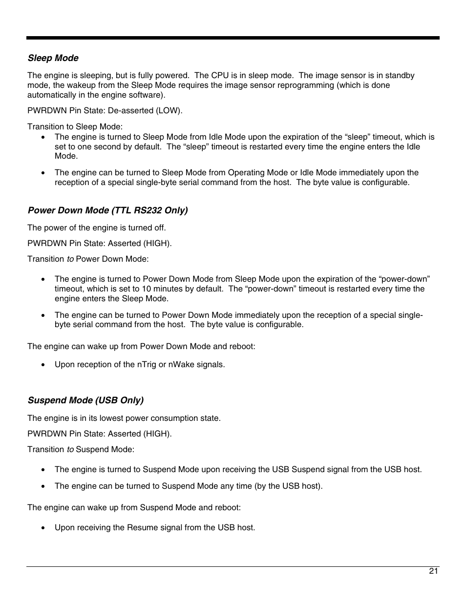 Sleep mode, Power down mode (ttl rs232 only), Suspend mode (usb only) | Metrologic Instruments IS4921 User Manual | Page 27 / 61