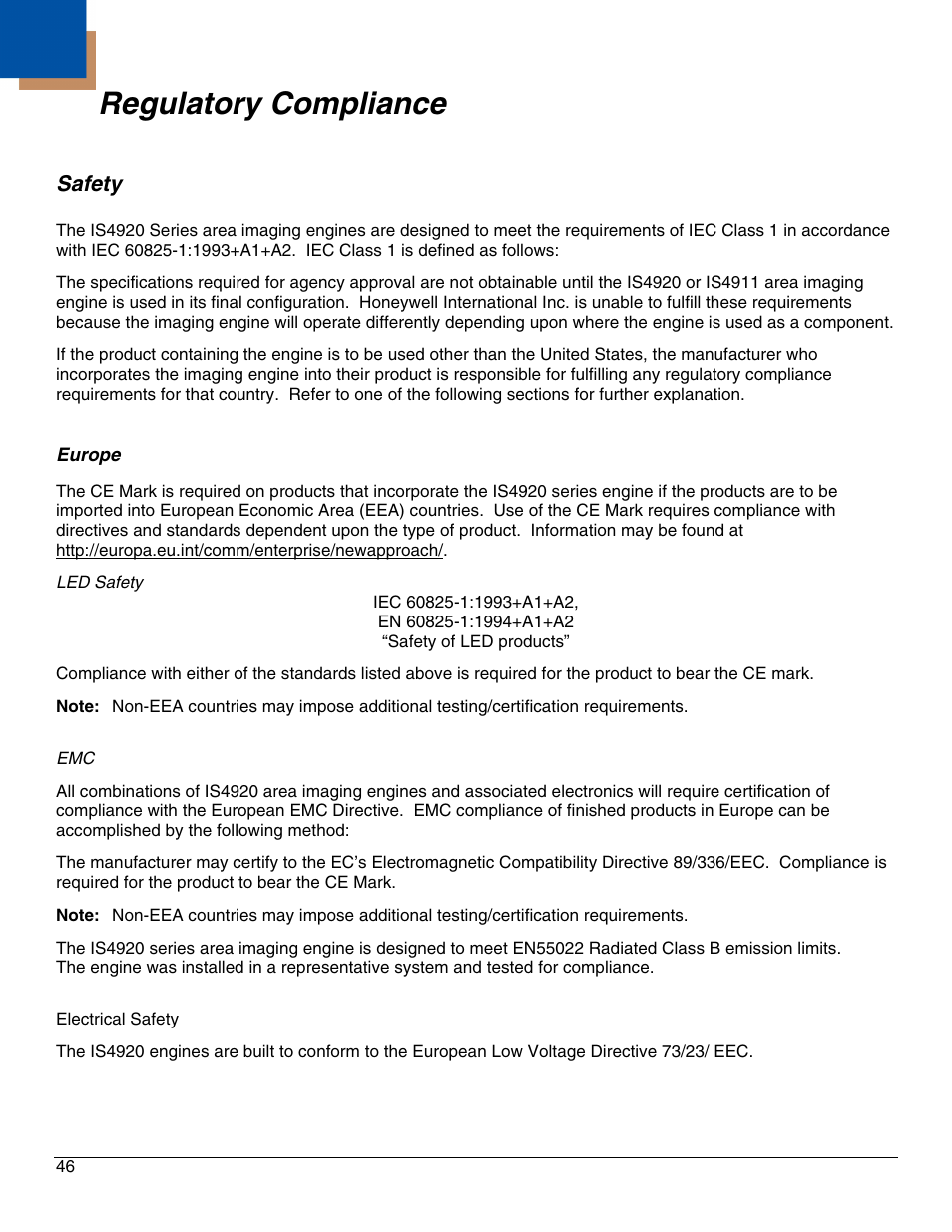 Regulatory compliance, Safety, Europe | Metrologic Instruments IS4921 User Manual | Page 52 / 61