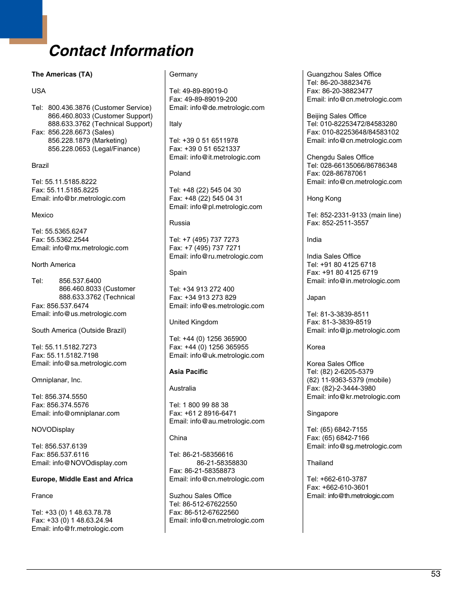 Contact information | Metrologic Instruments IS4921 User Manual | Page 59 / 61