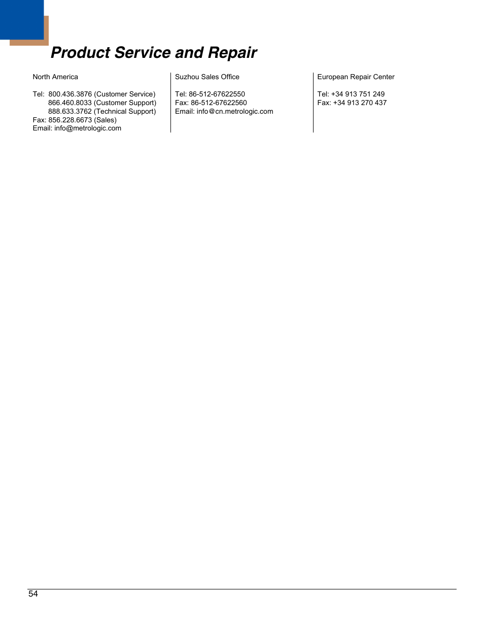 Product service and repair | Metrologic Instruments IS4921 User Manual | Page 60 / 61