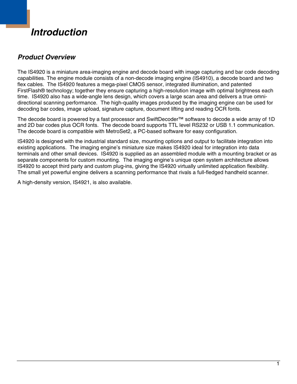 Introduction, Product overview | Metrologic Instruments IS4921 User Manual | Page 7 / 61