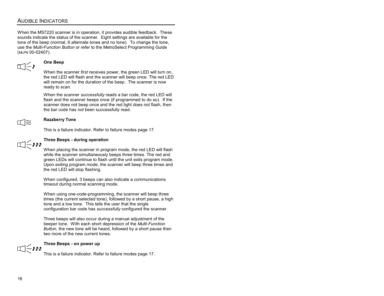 Indicators, Audible | Metrologic Instruments Laser Scanner User Manual | Page 20 / 56