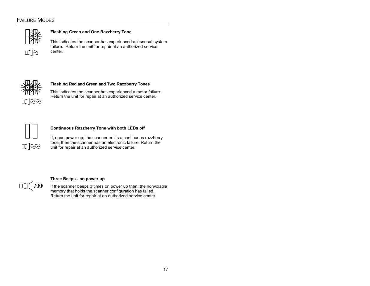 Failure modes | Metrologic Instruments Laser Scanner User Manual | Page 21 / 56