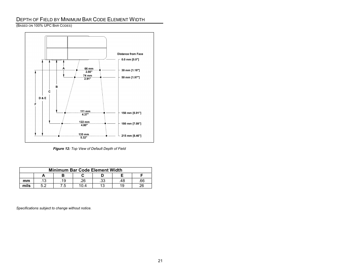 Depth of field minimum bar code element width, Depth of field by minimum bar code element width | Metrologic Instruments Laser Scanner User Manual | Page 25 / 56