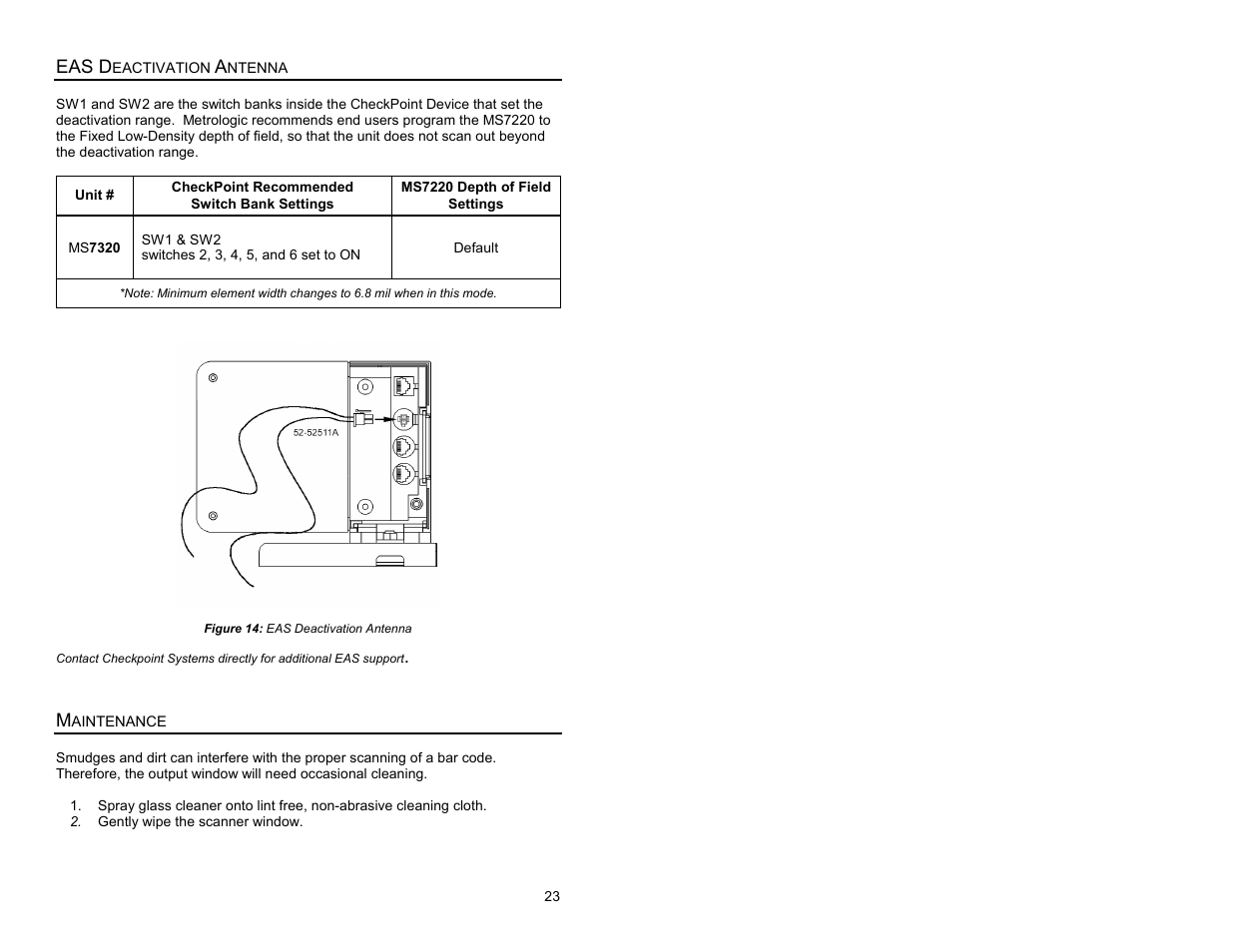 Eas deativation antenna, Maintenance, Eas deactivation antenna maintenance | Metrologic Instruments Laser Scanner User Manual | Page 27 / 56
