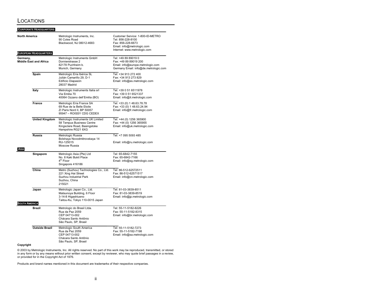 Locations, Ocations | Metrologic Instruments Laser Scanner User Manual | Page 3 / 56