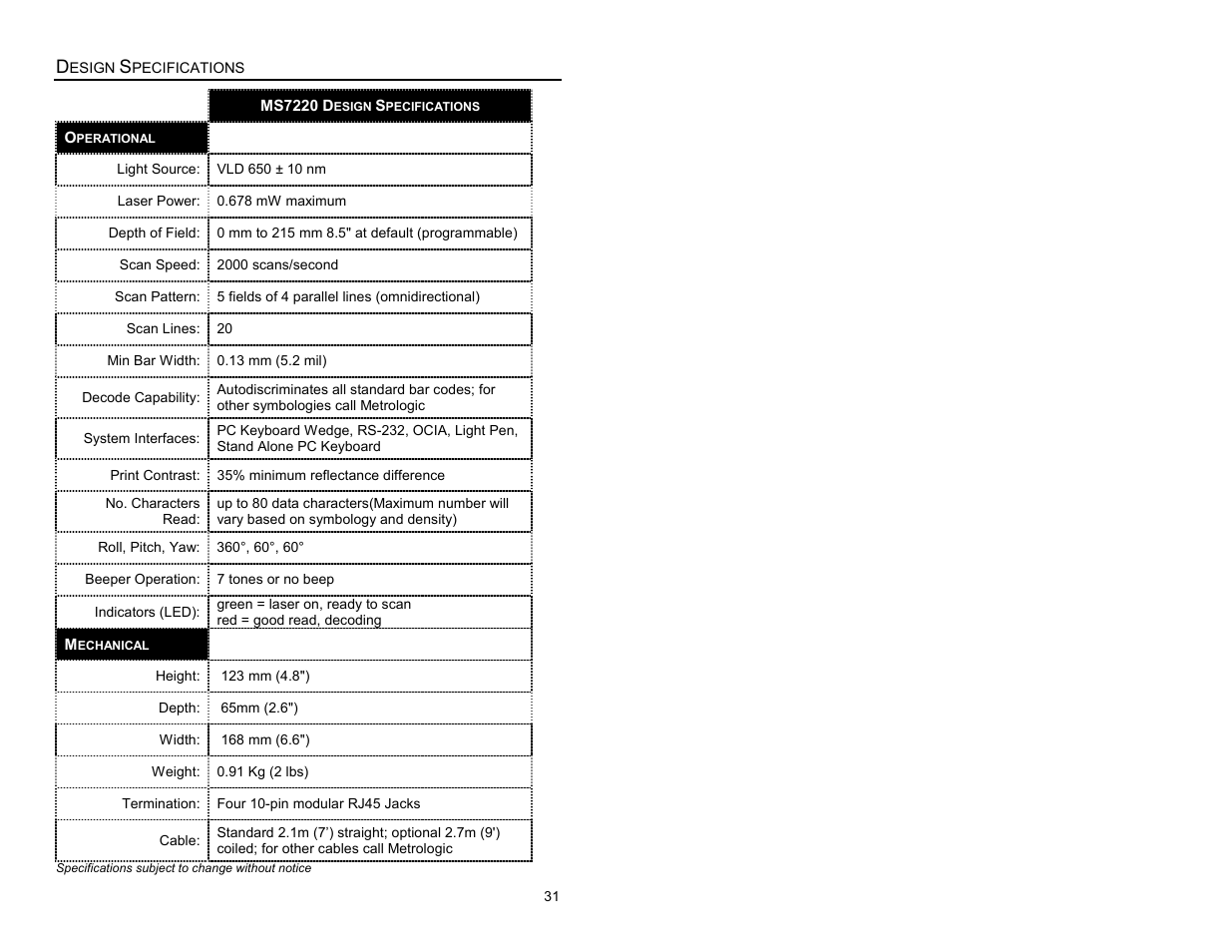 Design specifications | Metrologic Instruments Laser Scanner User Manual | Page 35 / 56