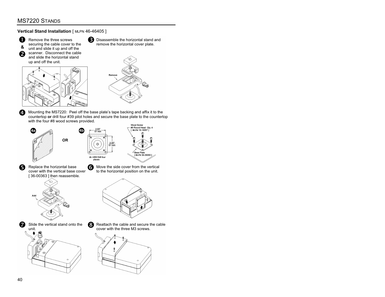 Vertical stand installation, Ms7220 s | Metrologic Instruments Laser Scanner User Manual | Page 44 / 56