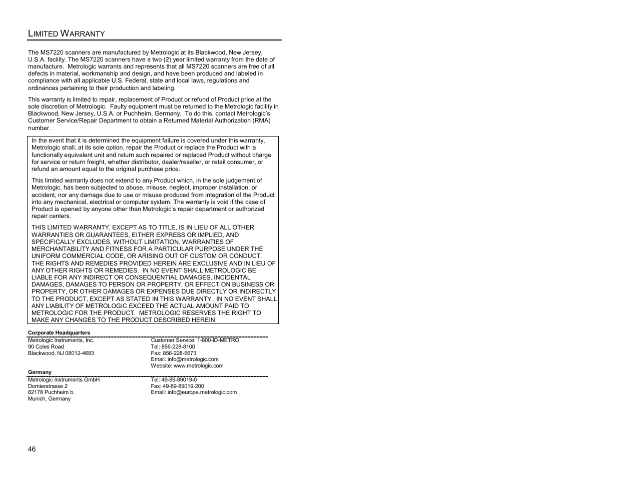 Limited warranty | Metrologic Instruments Laser Scanner User Manual | Page 50 / 56