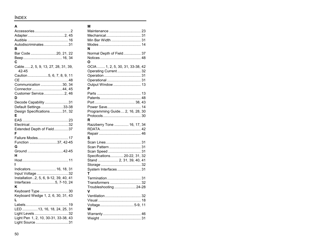 Index | Metrologic Instruments Laser Scanner User Manual | Page 54 / 56
