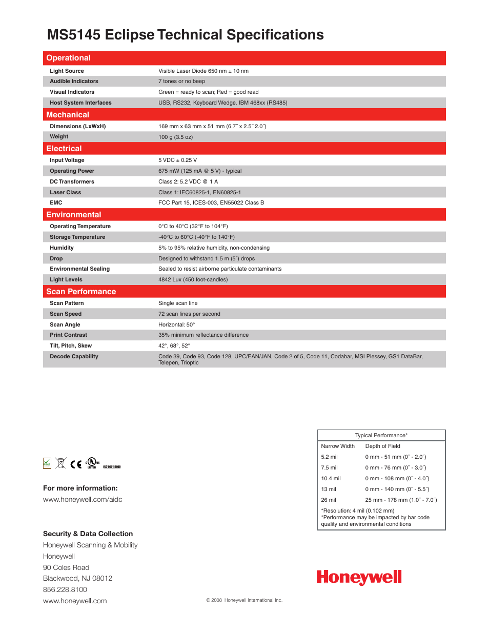 Ms5145 eclipse technical specifications, Operational, Mechanical | Electrical, Environmental, Scan performance | Metrologic Instruments MS 5145 User Manual | Page 2 / 2