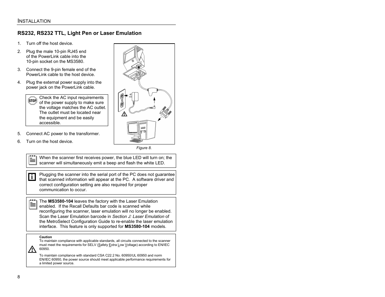 Installation, Rs232, rs232 ttl, light pen or laser emulation | Metrologic Instruments MS3580 User Manual | Page 12 / 56