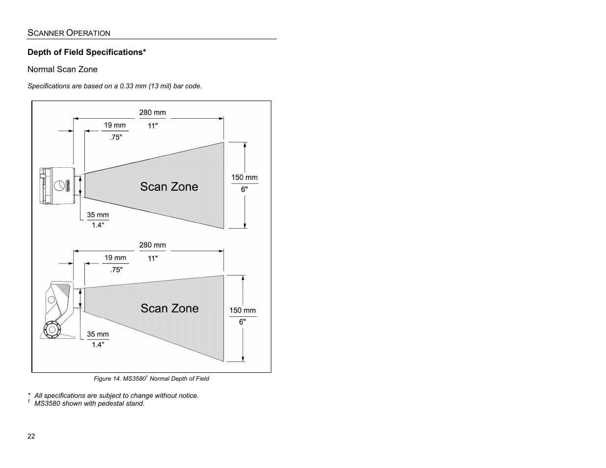 Depth of field specifications, Normal scan zone | Metrologic Instruments MS3580 User Manual | Page 26 / 56