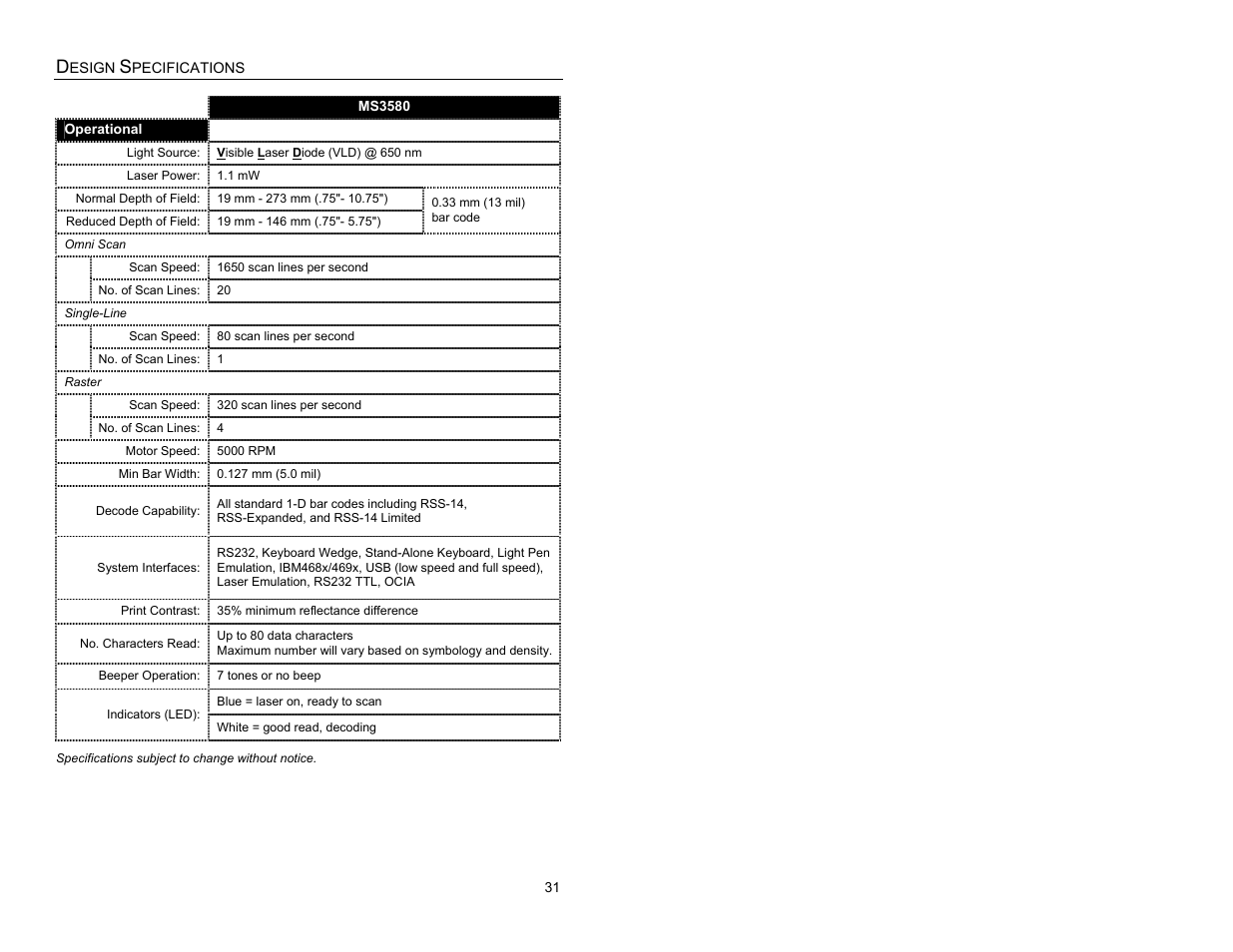 Design specifications, Operational | Metrologic Instruments MS3580 User Manual | Page 35 / 56