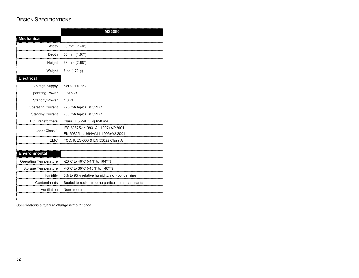 Mechanical, Electrical, Environmental | Metrologic Instruments MS3580 User Manual | Page 36 / 56