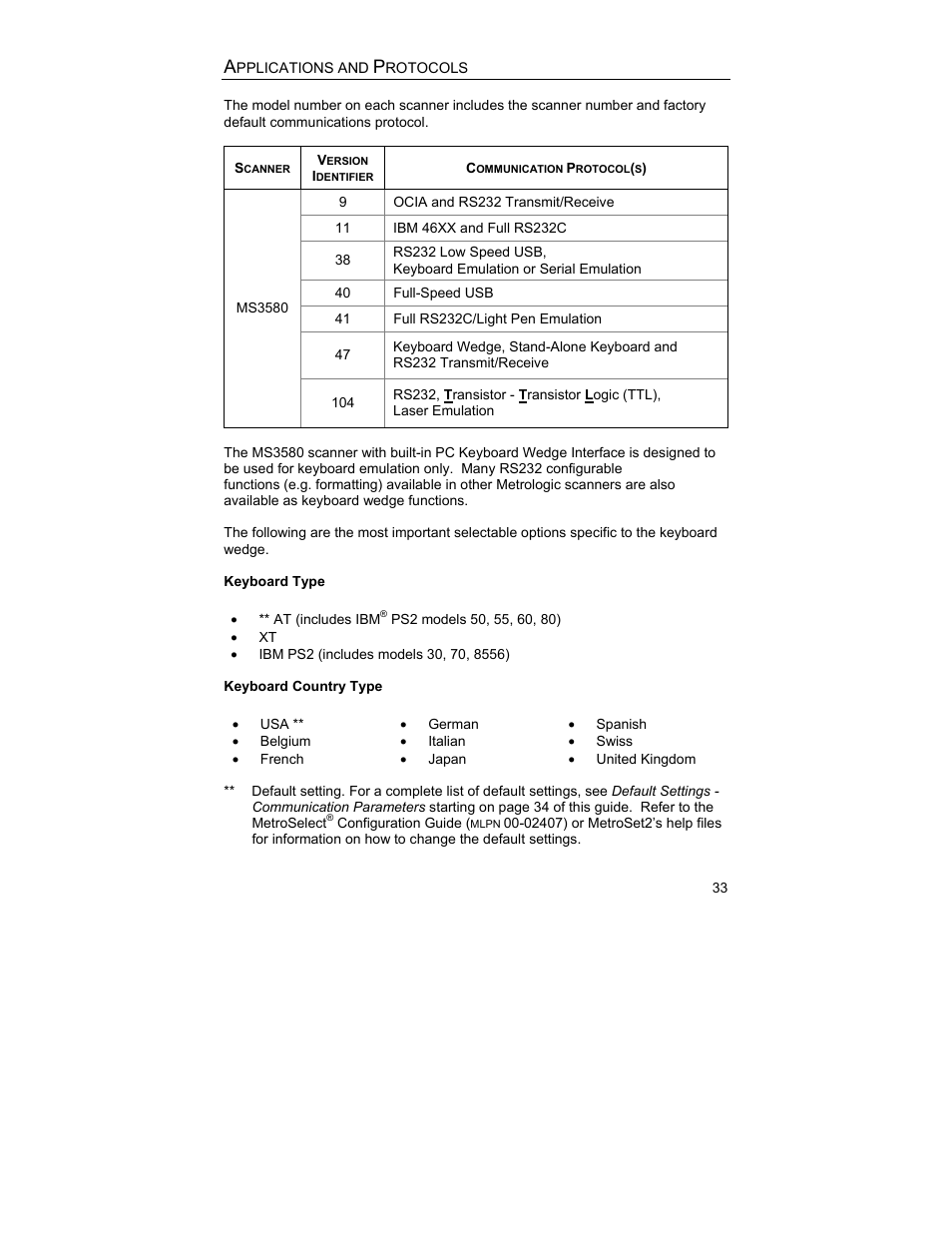 Applications and protocols | Metrologic Instruments MS3580 User Manual | Page 37 / 56