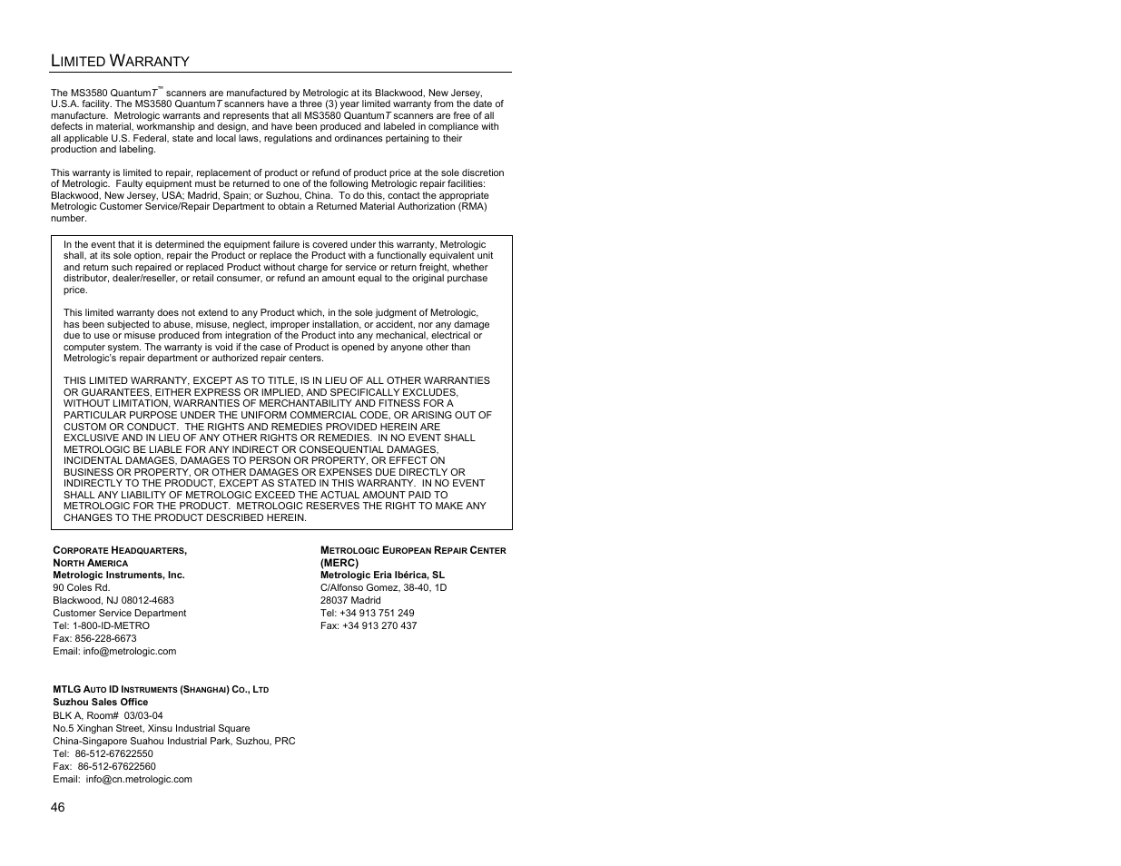 Limited warranty | Metrologic Instruments MS3580 User Manual | Page 50 / 56