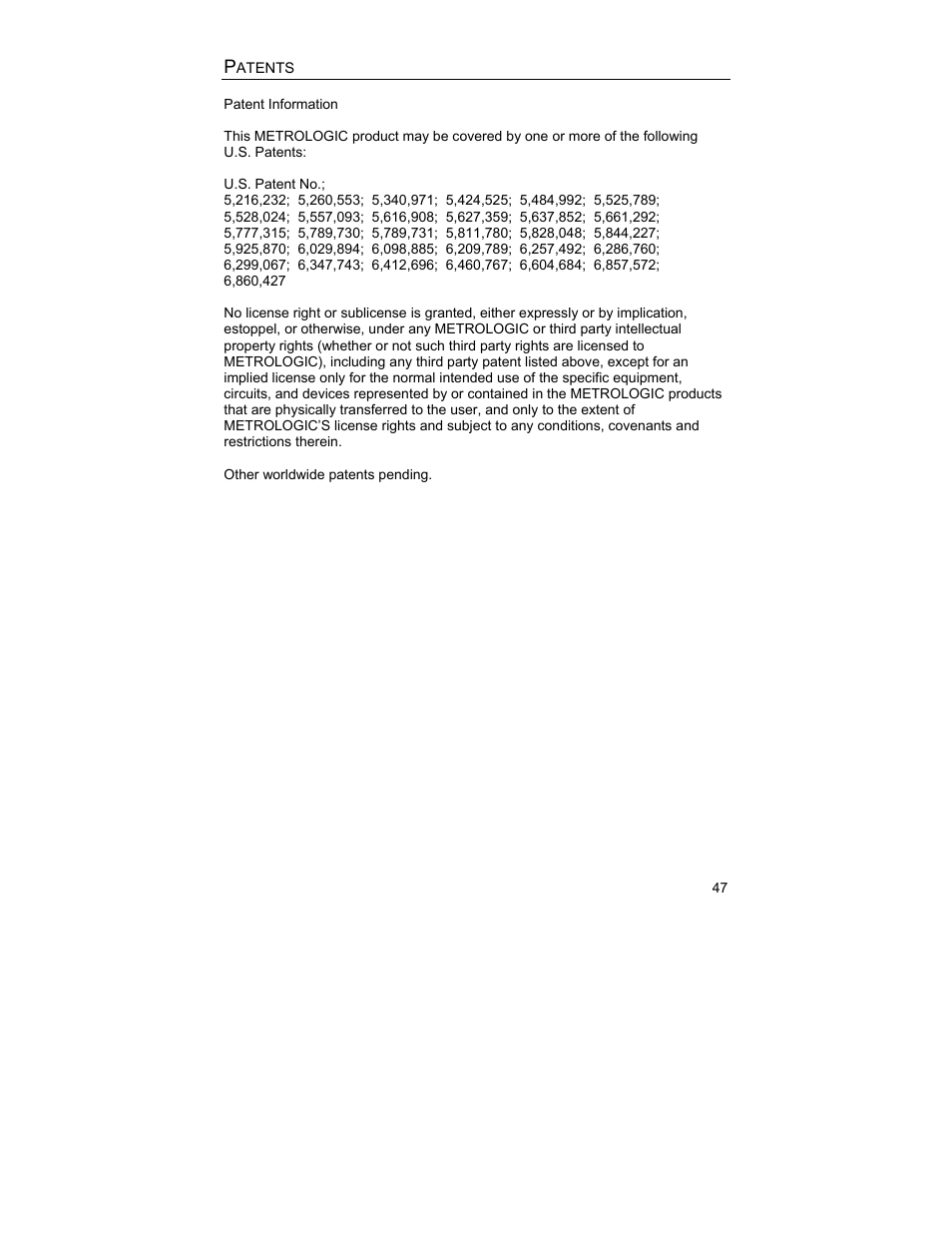 Patents | Metrologic Instruments MS3580 User Manual | Page 51 / 56