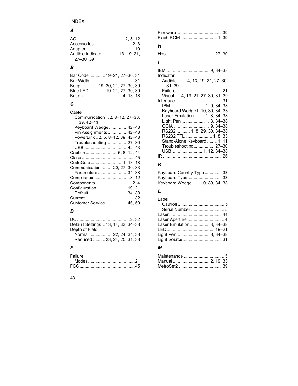 Index | Metrologic Instruments MS3580 User Manual | Page 52 / 56